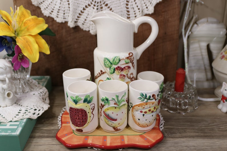 Vintage Raspberry Ceramic Pitcher Vintage Majolica Fruit Pitcher & Cups Set, Embossed Ceramic Cottagecore ...