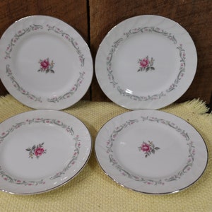 Set of 4 Beautiful Dinner Plates by Fine China Japan in the Royal Swirl Pattern. Beautiful Pink Roses, Grey Scroll. 10 1/4&quot;.