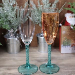 2 Fluted Champagne, Angelique Aqua, by Cristal D'Arques-Durand.  Beautiful Green Crystal Champagne Flutes.