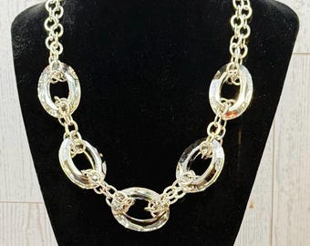 Vintage Silver Tone Chunky Link Statement Necklace Textured Multi Strand Oval Chain