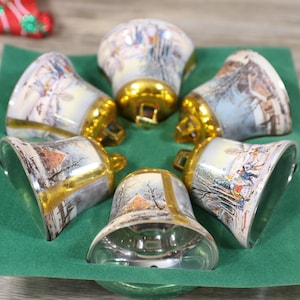 Currier and Ives Ornament Set of 6 Plastic Bells with Traditional Winter Wonderland Christmas Scenes.
