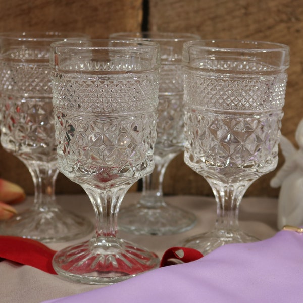 Set of 4 Wexford by Anchor Hocking Claret 5oz Wine glasses. Beautifully prismatic pressed glass. 5 3/8 inches tall.