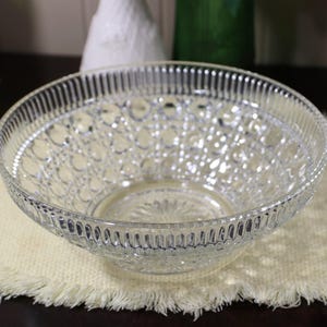 Vintage 10" Windsor Clear Glass Bowl, Buttons and Cane Pattern