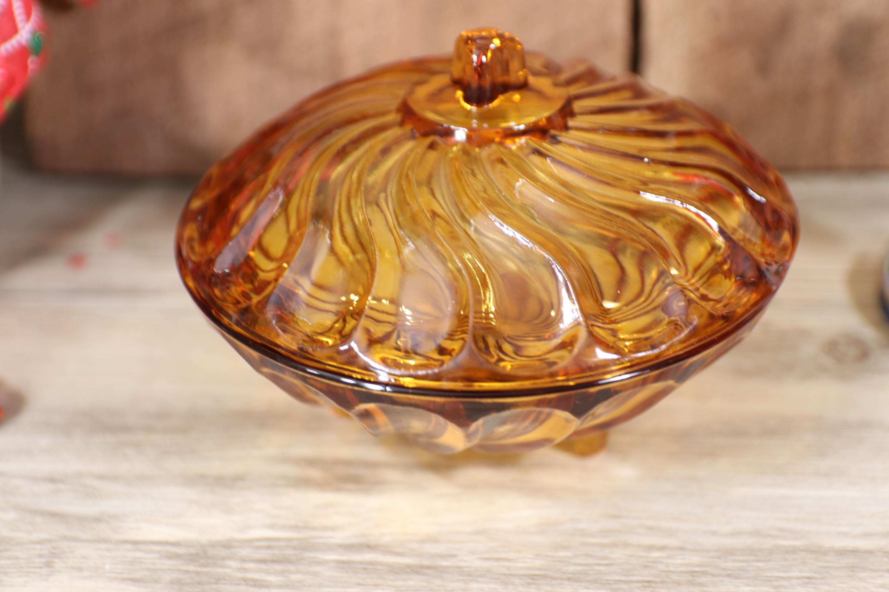 Coupe / Vase En Verre Vintage Ambré/jaune – Forme Cannelée, Piédestal, Bon état