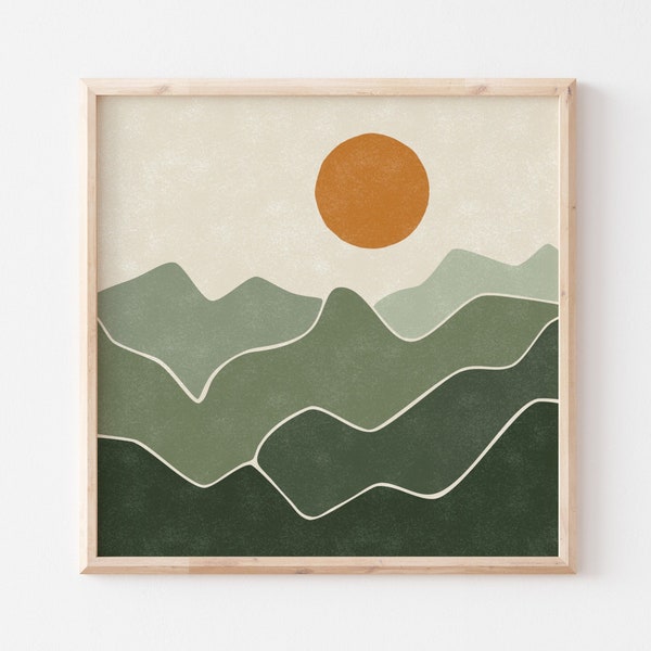 Sage Green Mountain Sun Landscape | Bohemian Style | Square Size Art Print for 4x4 5x5 6x6 8x8 10x10 12x12 etc.