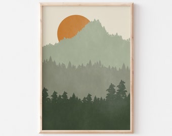 Abstract Sage Green Landscape Printable Wall Art | Boho Mountains Sun Print | Scenery Poster | Digital Download