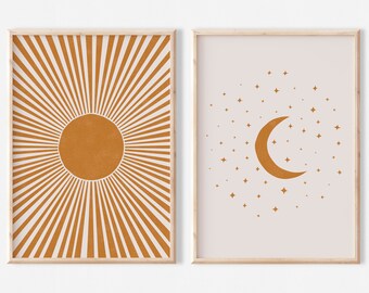 Sun and Moon Print Set of 2 | Mid Century Sun and Moon Boho Print Set | Orange Sun, Moon and Stars | Wall Art Decor | Nursery wall art