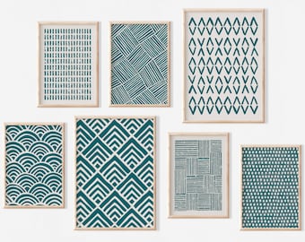Modern Mid Century Teal Gallery Wall | Set of 7 Vertical Art Prints | Turquoise Decor | Digital Download