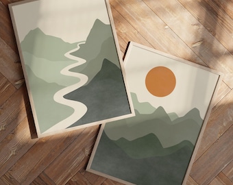 Sage Green River Mountain Landscape | Set of 2 | Boho Scenery Modern Wall Art | Abstract Nature Decoration Poster