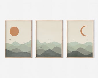 Sage Green Set of 3 Prints | Mid Century Set of 3 Wall Art | Minimalist Landscape with Sun Moon and Birds | Digital Download