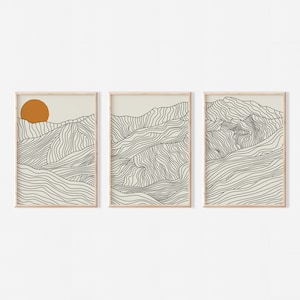 Japanese Alps | Japandi Sun Set of 3 Prints | Abstract Line Art | Line Art Drawing | Digital Download