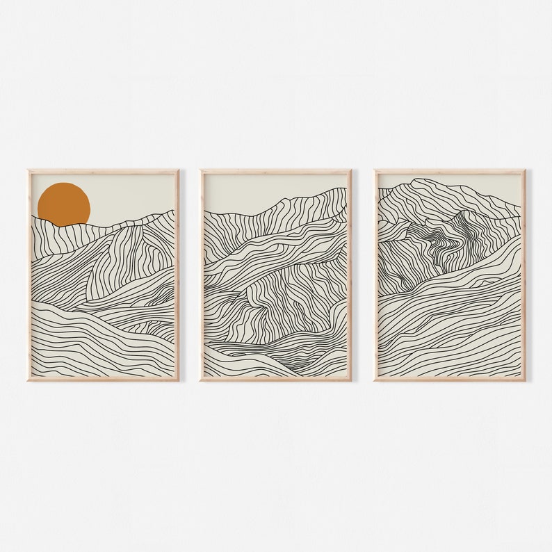 Japanese Alps Japandi Sun Set of 3 Prints Abstract Line Art Line Art Drawing Digital Download image 1