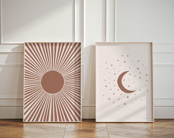 Sun and Moon Poster Set of 2 – Boho Wall Art Terracotta Clay & Earth Tone Prints, 2-Piece Diptych, Day and Night Nursery Wall Decor