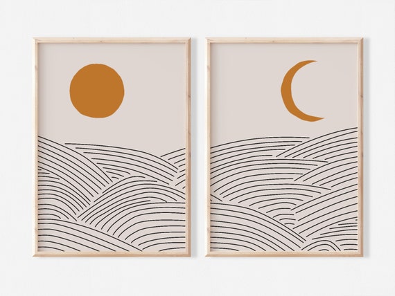 Japandi Sun and Moon Printable Wall Art Set of 2 Simple | Etsy