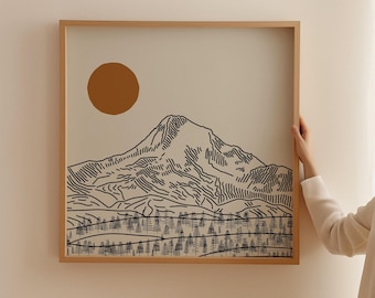 Mount Hood Square Line Art Poster, Oregon National Forest Mountain Wall Art Print, Climbing Wall Decor