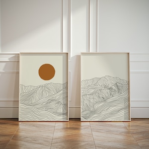 Japandi Set mit 2 Postern, Mount Tate Japanische Alpen Set mit 2 Kunstdrucken, Hide Mountains Diptychon-Wandkunst, japanische Landschaftslinie Kunst