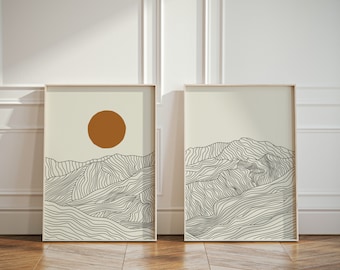 Japandi Set of 2 Posters, Mount Tate Japanese Alps Set of 2 Art Prints, Hide Mountains Diptych Wall Art, Japanese Landscape Line Art