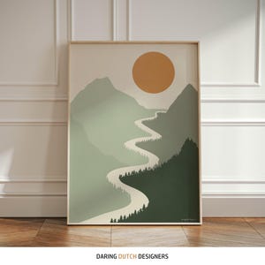 Salbeigrünes Wanddekor Poster, abstrakte Boho Landschaftswandkunst, Boho Landschaftsplakat mit Sonne, Bergen und Fluss