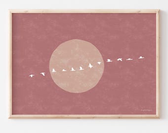 Flock of Geese Japanese Style Art Print | Horizontal Boho Sun | Japandi Wall Art | Birds Wall Art Poster