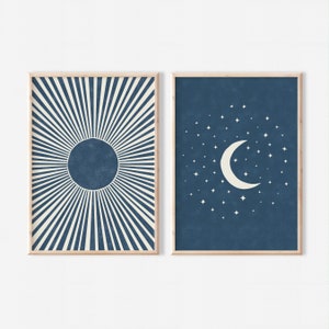 Boho Sol y Luna Impresión Conjunto de 2 / Azul marino imprimible mediados de siglo moderno / Arte de pared minimalista / Impresiones de arte abstracto / Descarga digital