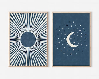 Boho Sun and Moon Print Set of 2 | Navy Blue Printable Mid Century Modern | Minimal Wall Art | Abstract Art Prints | Digital download