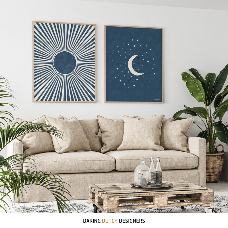 Blue Boho Sun and Moon Set of 2 Art Prints, Bohemian Wall Art for ...