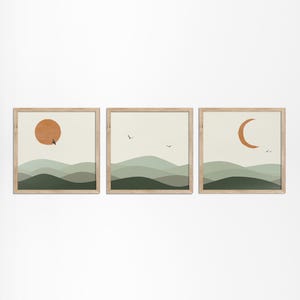 Set van 3 prints saliegroen landschap | Boho vierkante kunstset | Zon Maan Vogels | Frame verkrijgbaar in natuurlijk eiken, donker eiken, zwart en wit