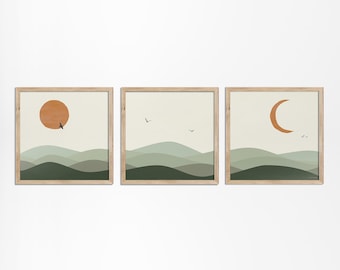 Sage Green Landscape Set of 3 Prints | Bohemian Square Art Set | Sun Moon Birds | Frame available in Natural Oak, Dark Oak, Black and White