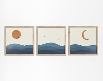 Blue Waves Set of 3 Prints | Bohemian Indigo Blue Square Art Set | Sun Moon Birds | Boho Triptych with Optional Wooden Frames