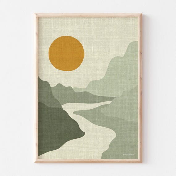 Sage Green Home Decor Art Print with Landscape Sun and Mountains, Poster for Bedroom Living Room in 24x36 20x30 and other sizes