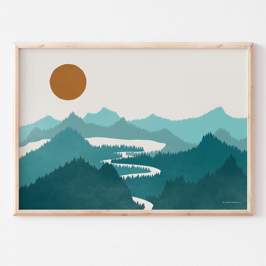 Horizontal Teal Turquoise Mountain Wall Art With Orange Sun – Boho ...