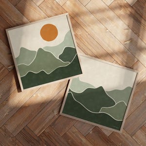 Zestaw 2 kwadratowych wydruków | Zestaw grafik ściennych w kolorze szałwiowej zieleni | Wydruki artystyczne w kolorach 10x10, 12x12, 16x16, 20x20, 24x24 | Plakat Boho Mountains Sun | Oprawianie opcjonalne