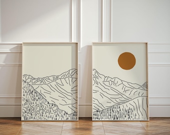 Set of 2 Mont Blanc Posters – French Alps Wall Art, Chamonix Line Art Print, Tour du Mont Blanc Souvenir, 2-Piece Diptych up to XXL sizes