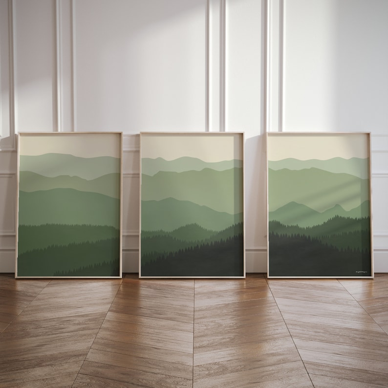 Set of3 sage green posters of the Appalachian Mountains displayed in a living room.
