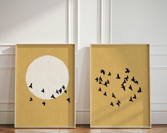 Scandinavian and Japanese Design with Full Moon Flock of Birds and Mustard Yellow Background, Set of 2 Posters