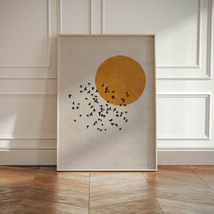 Neutraler minimalistischer Kunstdruck, Vogelschwarm Japanische Sonne Wandkunst, Japandi Vögel Poster, minimalistische Wandkunst
