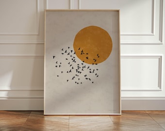Neutral Minimalistic Home Decor Art Print, Flock of Birds Japanese Sun Wall Art, Japandi Birds Poster, Minimalist Wall Art