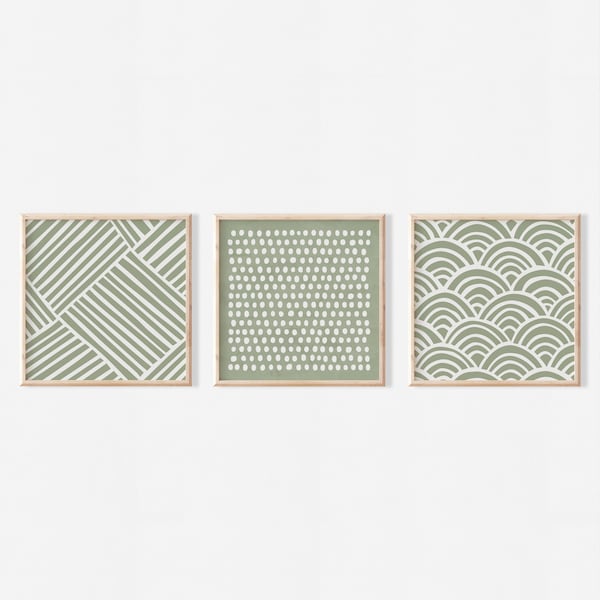 Ensemble de 3 oeuvres d'art carrées modernes imprimables vert sauge | Téléchargement numérique | Toutes les tailles courantes 4x4 5x5 8x8 10x10 12x12 15x15 20x20