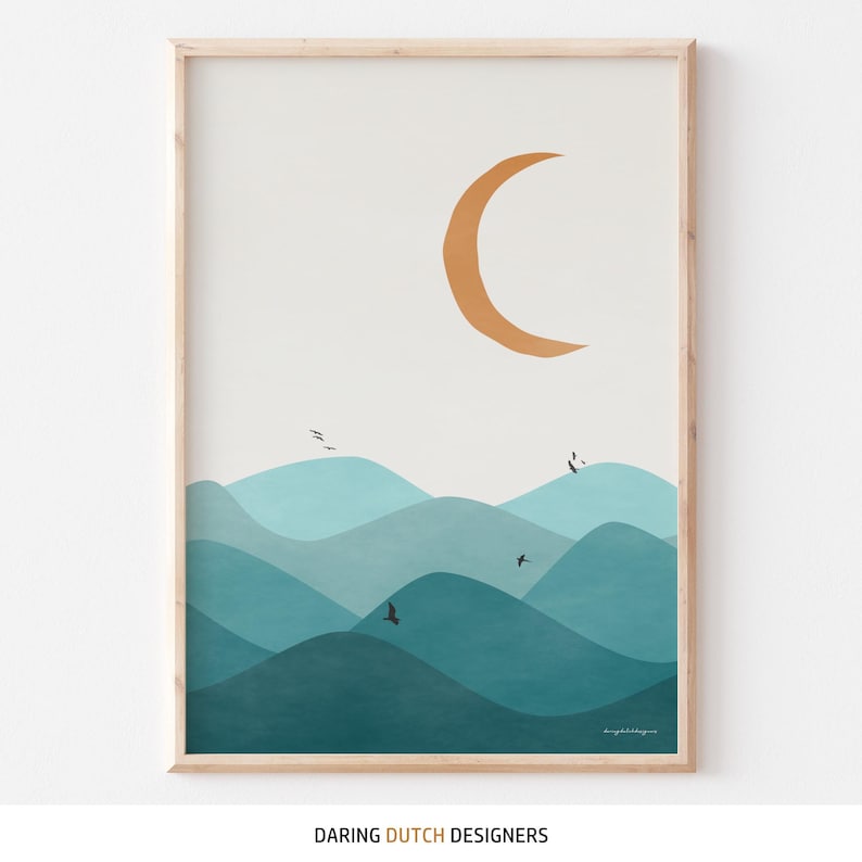May include: Abstract art print featuring a crescent moon in gold against a background of teal blue layered mountains. The print has a minimalist style and is perfect for a modern home.