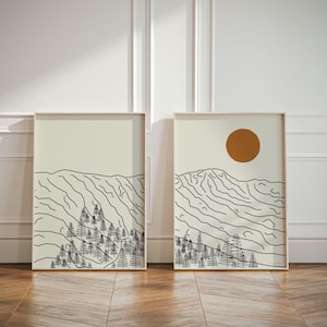 Set of 2 line art prints of Mount Mansfield in Vermont.