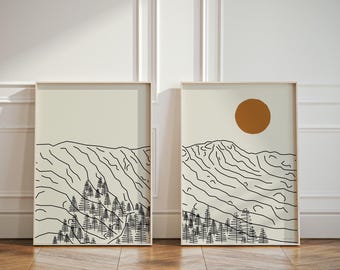 Mount Mansfield Vermont Poster Set of 2 – Line Art Landscape Wall Art, 2-Piece Diptych Prints, Appalachian Mountains, Stowe Home Decor