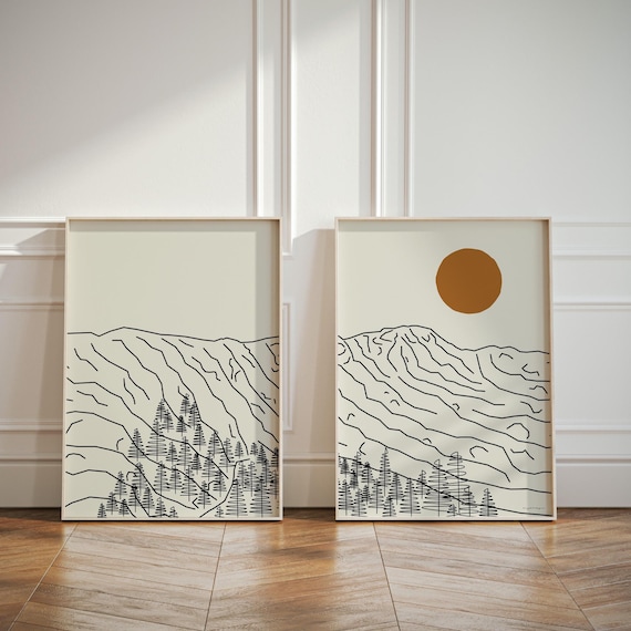 Mount Mansfield Vermont Poster Set of 2 – Line Art Landscape Wall Art, 2-Piece Diptych Prints, Appalachian Mountains, Stowe Home Decor