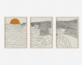 Beach Line Art Set of 3 Prints | 12 Apostles Australia Art Prints | Coastal Print Set including Sun, Cliffs, Beach and Ocean