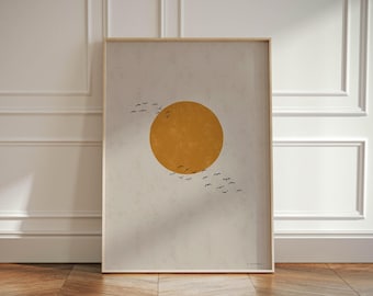 Flock of Birds Japanese Orange Sun Poster with Concrete Gray Background, Japandi Scandi Wall Art, Minimalistic Home Decor Art Print