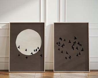 Japandi Set of 2 Art Prints with Flock of Birds Full Moon Silhouette, Continuous Brown Wall Art