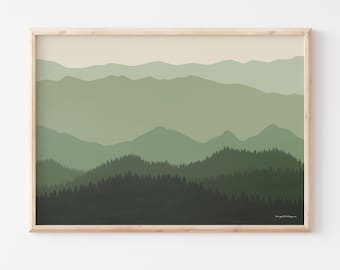 Blue Ridge Mountain Wall Art, Horizontal Appalachian Mountains Poster in Evergreens and Sage Green