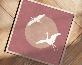 Japanese Crane Birds Sun Silhouette | Square Size 10x10 12x12 14x14 16x16 18x18 Wall Art Print | Japandi Living Room Decor Art Poster