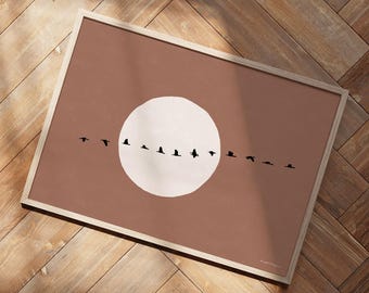Minimalistic Japandi Wall Art – Horizontal Poster with Flock of Geese, Clay Color Background, Full Moon, Terracotta & Rustic Red Home Decor