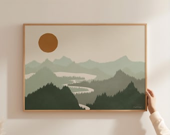Sage Green Mountain Landscape Poster with Lake River & Orange Sun – Horizontal Wall Art, Nature Scenery, XXL Sizes, Abstract Boho Decor