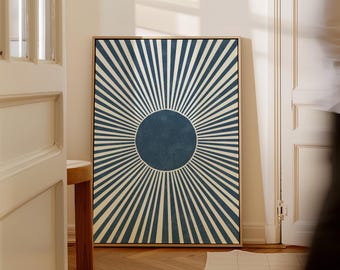 Blue Sun Canvas, Extra Large Statement Piece, Wall Art for Boho Bohemian Mid Century Modern Home Decor
